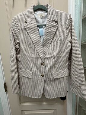 LOFT Women's Brown/Ivory Stripe Seersucker Blazer NWT 10P